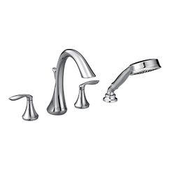 Chrome two-handle high arc roman tub faucet includes hand shower