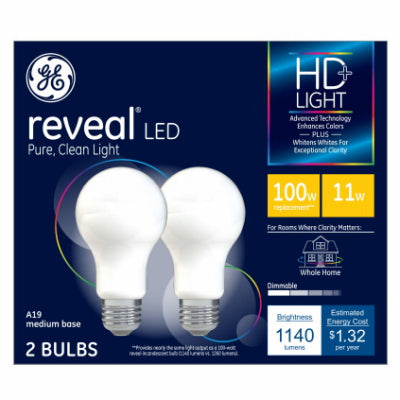 GE Reveal HD+ A19 E26 (Medium) LED Light Bulb Pure Clean Light 100 Watt Equivalence 2 pk