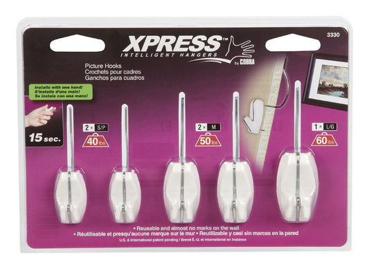 Cobra Xpress Plastic Coated White Push Pin Picture Hook 60 lb. 5 pk Steel (Pack of 5)