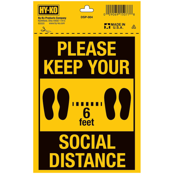 Letrero de distanciamiento social Hy-Ko en inglés, color negro, 7 pulgadas de alto x 5 pulgadas de ancho (paquete de 10)