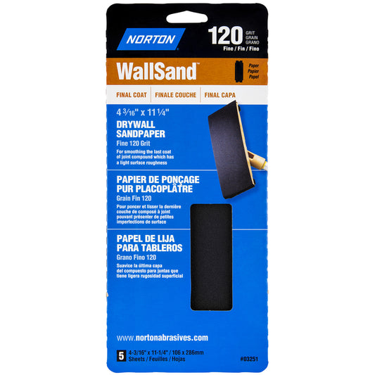 Norton WallSand 11-1/4 in. L X 4-3/16  W 120 Grit Aluminum Oxide Drywall Sandpaper 5 pk