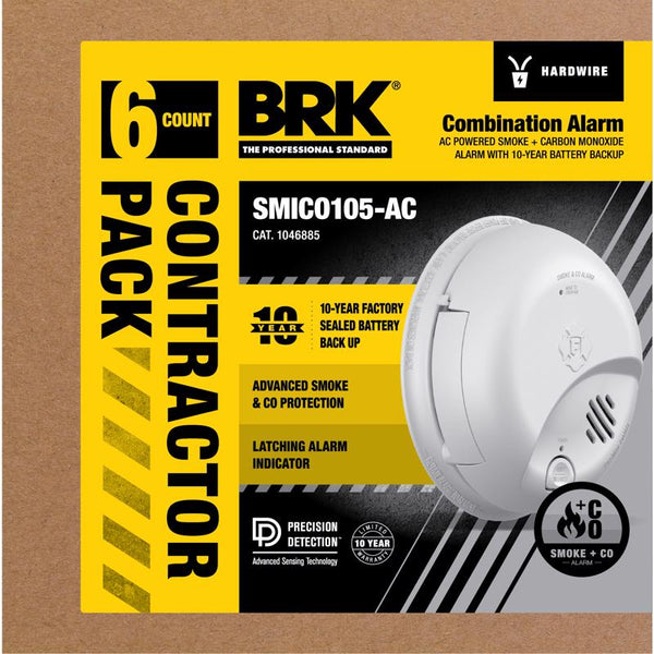 Paquete combinado de detector de humo/monóxido de carbono BRK SMICO105-AC, cableado con respaldo de batería, ionización, paquete de 6 - Oferta de la semana