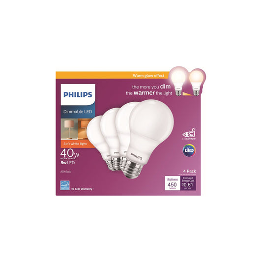 Philips A19 E26 (Medium) LED Bulb Soft White 40 Watt Equivalence 4 pk