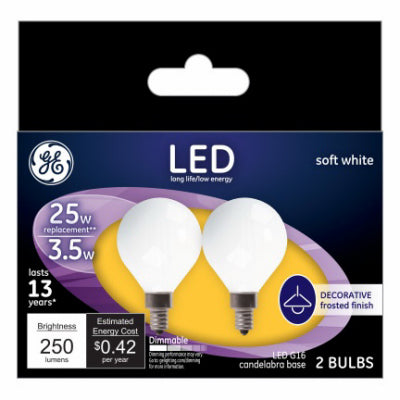 GE G16 E12 (Candelabra) LED Bulb Soft White 25 Watt Equivalence 2 pk