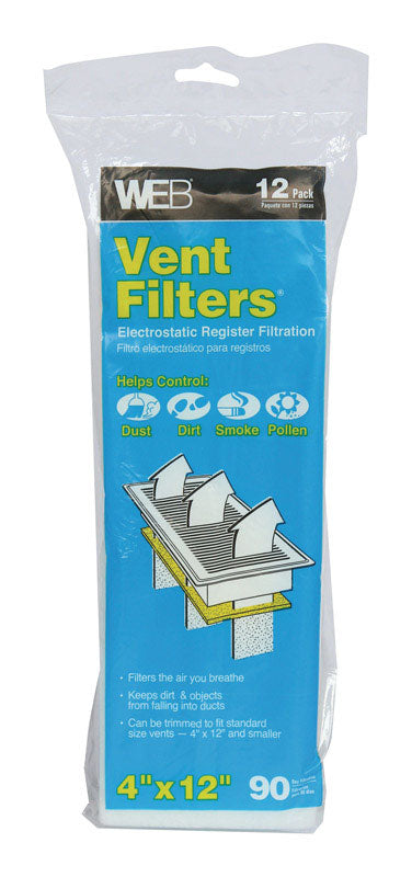Web Polyester Electrostatic 0 MERV Vent Filter 12 H x 4 W in. (Pack of 10)