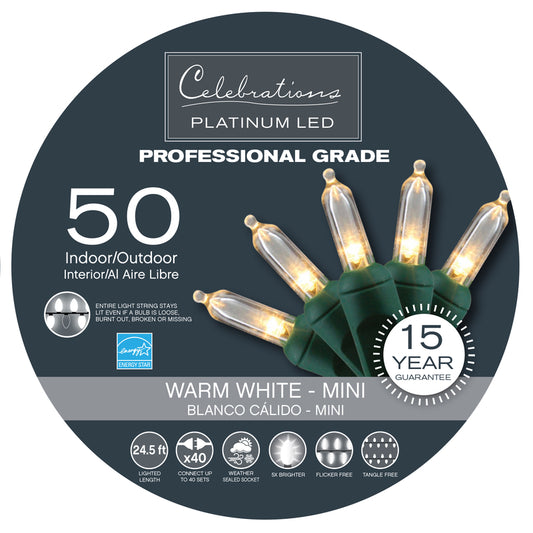 Celebrations Platinum LED T5 Warm White 50 ct String Christmas Lights 24.5 ft.