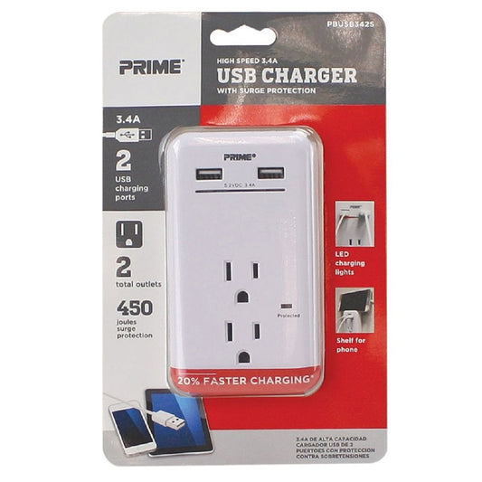 Prime 2 outlets Surge Protector with USB Port White 450 J
