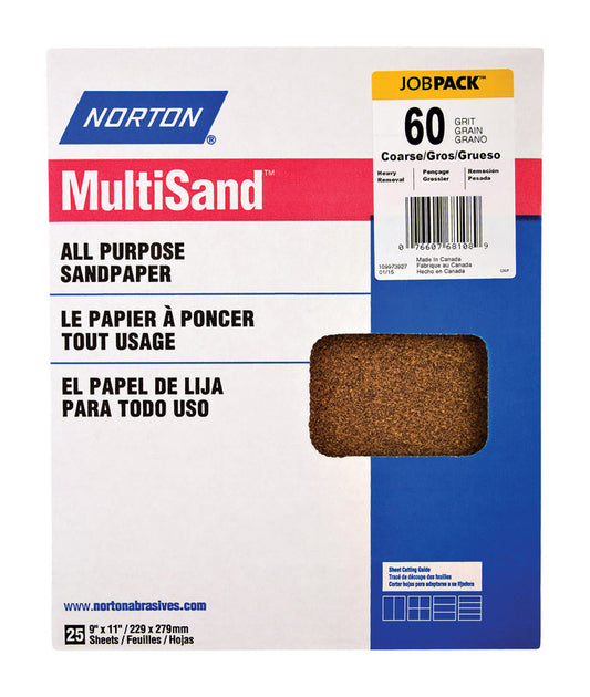 Norton MultiSand 11 in. L x 9 in. W 60 Grit Coarse Aluminum Oxide All Purpose Sandpaper 25 pk