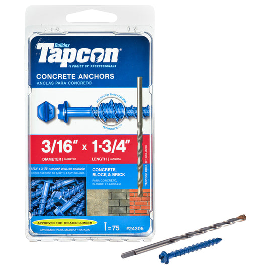 Tapcon 3/16 in. Dia. x 1-3/4 in. L Steel Hex Head Concrete Screw Anchor 75 pk