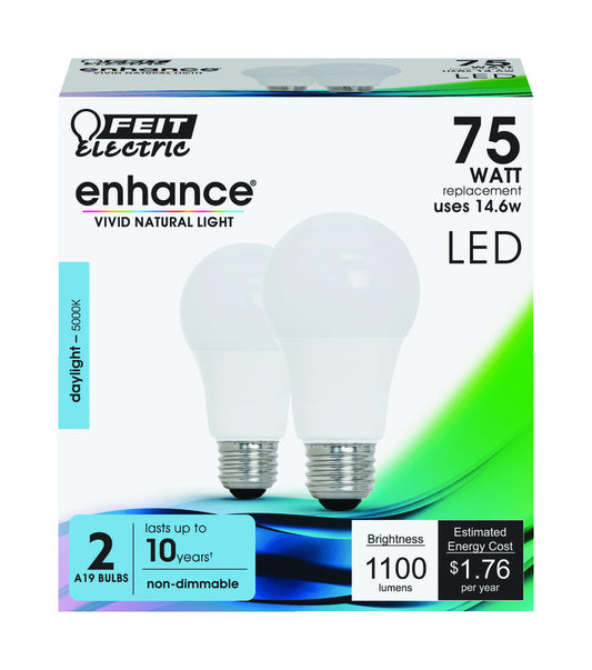 Feit Enhance A19 E26 (Medium) LED Bulb Daylight 75 Watt Equivalence 2 pk