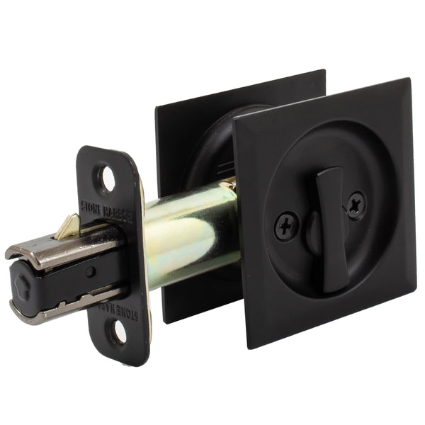 Contemporary Square Pocket Door Lock, Privacy (Bed/Bath) Latch, 2-3/8" Backset, RCL, Matte Black by Stone Harbor Hardware