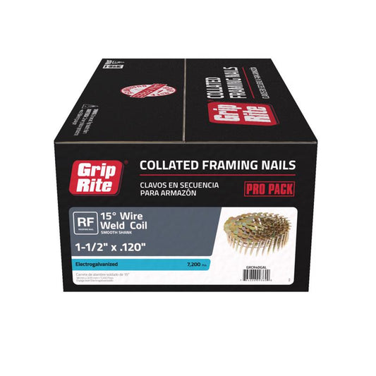 Grip-Rite 1-1/2 in. 11 Ga. Angled Coil Electro Galvanized Roofing Nails 15 deg 7200 pk