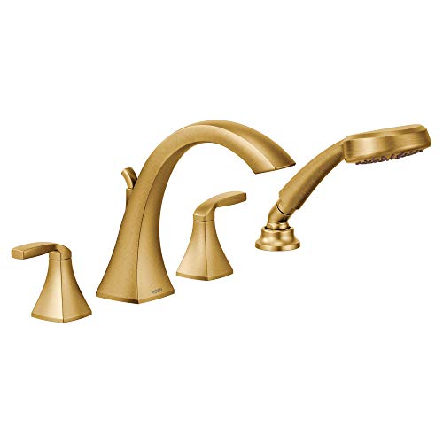 Brushed gold two-handle high arc roman tub faucet includes hand shower