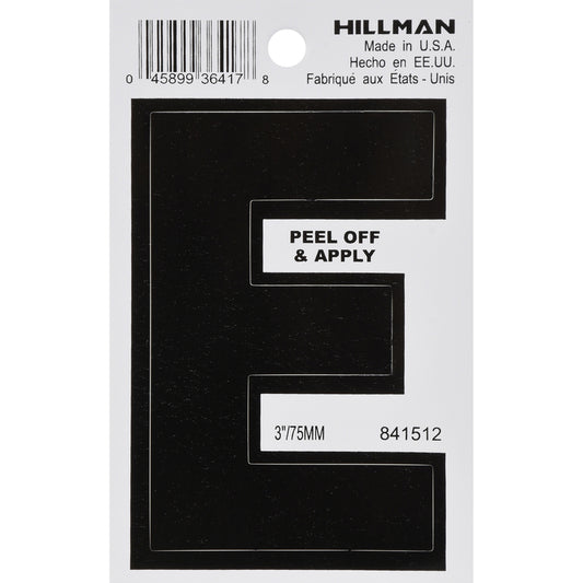 Hillman 3 in. Black Vinyl Self-Adhesive Letter E 1 pc (Pack of 6)
