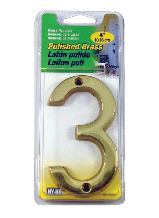 Hy-Ko  4 in. Gold  Brass  Nail-On  Number  3  1 pc.