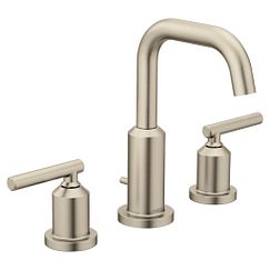 Brushed nickel two-handle high arc bathroom faucet