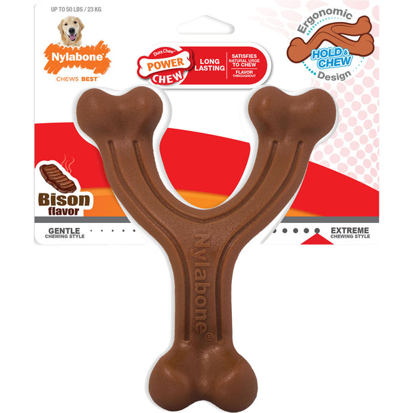 Nylabone Power Chew Wishbone Bison Giant | Durable Triple-Ended Chew Toy for Heavy Chewers & Dental Health