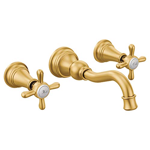 Brushed gold two-handle high arc wall mount bathroom faucet