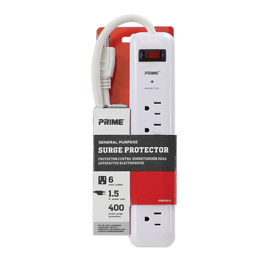 Prime 1.5 ft. L 6 outlets Surge Protector White 400 J