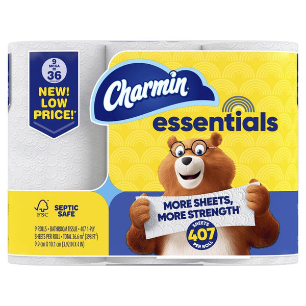 Charmin Essentials Toilet Paper 9 Rolls 407 sheet (Pack of 4)
