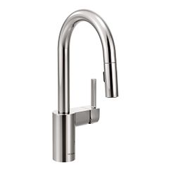 Chrome one-handle high arc pulldown bar faucet