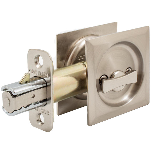 Cerradura de puerta corrediza cuadrada contemporánea, pestillo para privacidad (dormitorio/baño), retroceso de 2-3/8", RCL, níquel satinado de Stone Harbor Hardware