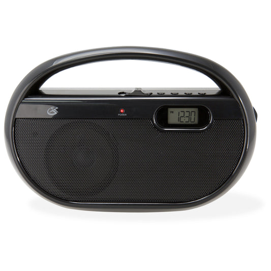 GPX Black Portable Carry Handle Analog Volume Control AM/FM Radio with Digital Clock