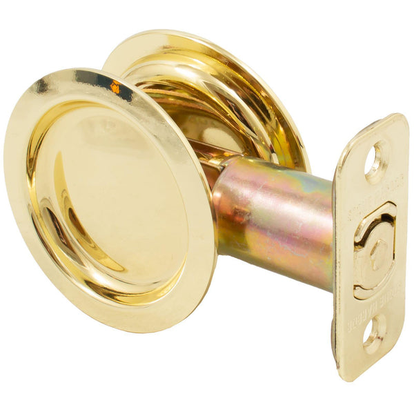 Cerradura para puerta de bolsillo redonda, pestillo para pasillo (vestíbulo/armario), retroceso de 2-3/8", RCL, latón pulido de Stone Harbor Hardware