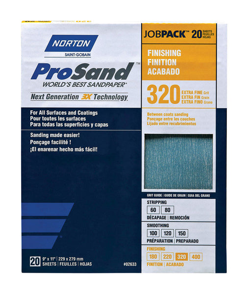 Papel de lija de óxido de aluminio extrafino Norton ProSand de 11 pulgadas de largo x 9 pulgadas de ancho, grano 320, paquete de 20