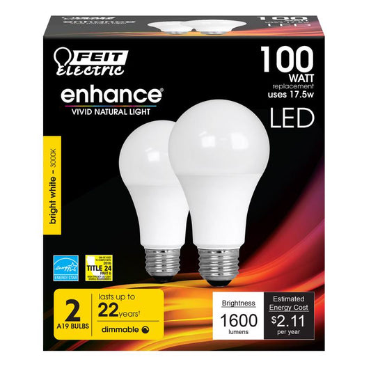 Feit Enhance A19 E26 (Medium) LED Bulb Bright White 100 Watt Equivalence 2 pk