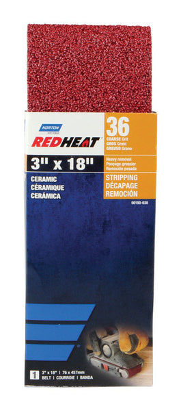 Banda de lija de cerámica Norton RedHeat de 18 pulg. de largo x 3 pulg. de ancho, grano 36, 1 pieza (paquete de 5)
