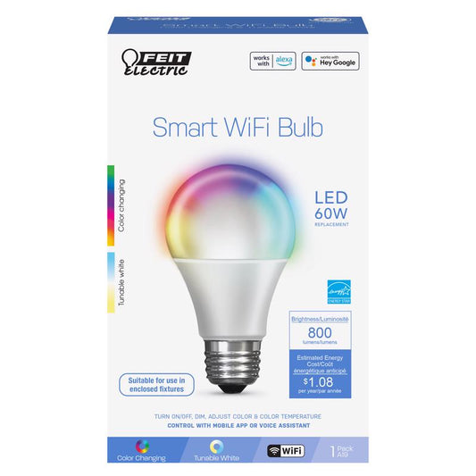 Feit LED Smart A19 E26 (Medium) Smart-Enabled Smart WiFi LED Bulb Color Changing 60 Watt Equivalence
