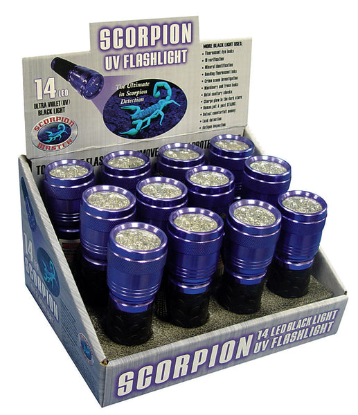 Linterna LED ultravioleta Scorpion de 14 LED, color negro y morado, con batería AAA (paquete de 12)