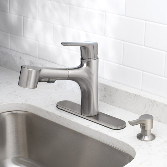 OakBrook One Handle Brushed Nickel Pull Out Kitchen Faucet