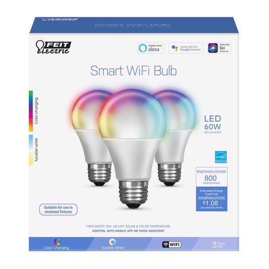 Feit LED Smart A19 E26 (Medium) Smart-Enabled LED Smart WiFi Bulb Color Changing 60 Watt Equivalence