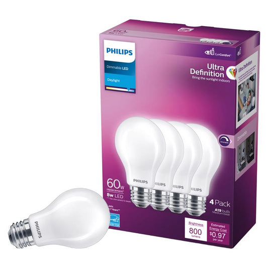 Philips Ultra Definition A19 E26 (Medium) LED Bulb Daylight 60 Watt Equivalence 4 pk