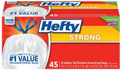 Hefty Strong 13 gal Kitchen Trash Bags Drawstring 45 pk 0.9 mil