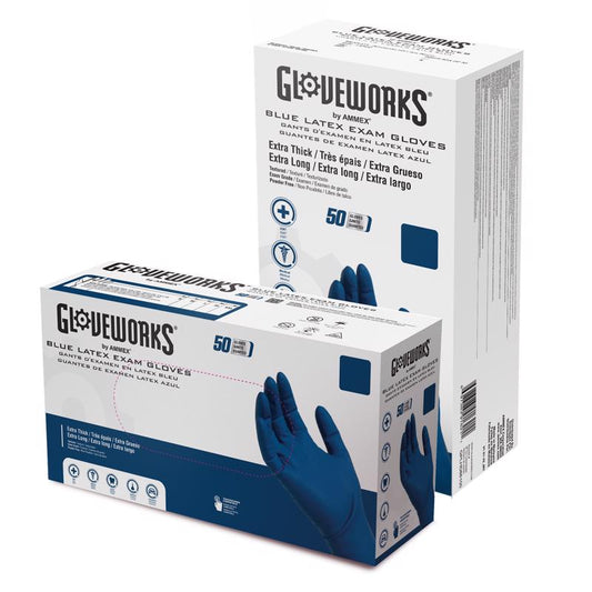 Gloveworks Latex Disposable Exam Gloves Medium Blue Powder Free 50 pk