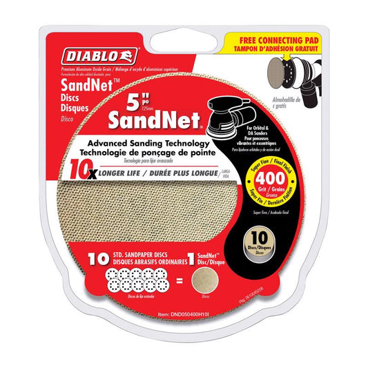 Diablo SandNet 5 in. Aluminum Oxide Hook and Lock Sanding Disc 400 Grit Super Fine 10 pk