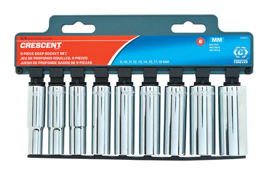 Crescent Assorted Sizes X 3/8 in. drive Metric 6 Point Deep Deep Well Socket Set 9 pc