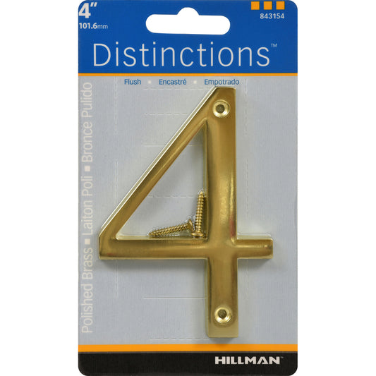 Hillman Distinctions 4 in. Gold Brass Screw-On Number 4 1 pc (Pack of 3)