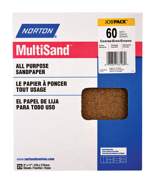 Papel de lija multiusos de óxido de aluminio grueso de grano 60 de Norton MultiSand, 11 pulgadas de largo x 9 pulgadas de ancho, paquete de 25
