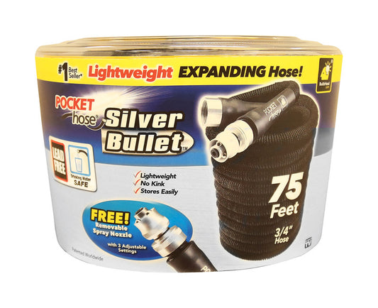 Pocket Hose Silver Bullet Expanding Black Plastic Garden Hose 3/4 in. Dia. x 75 ft. L
