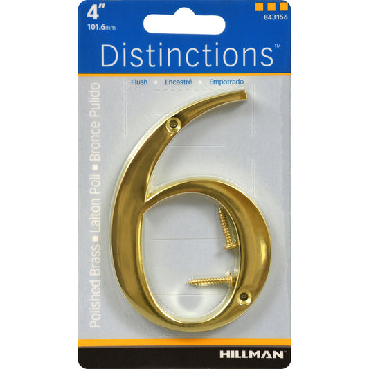 Hillman Distinctions 4 in. Gold Brass Screw-On Number 6 1 pc (Pack of 3)