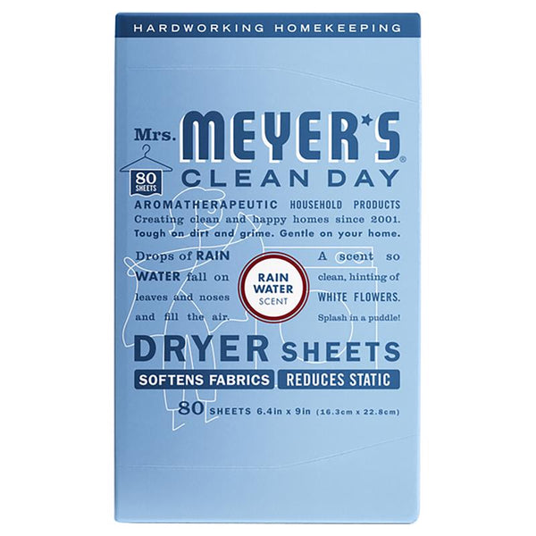 Hojas para secadora con aroma a agua de lluvia Mrs. Meyer's Clean Day, 80 unidades - Caja abierta