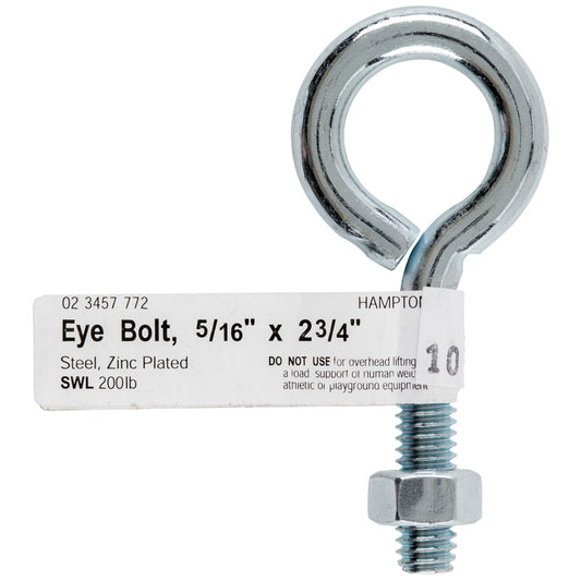 Hampton 5/16 in. x 2-3/4 in. L Zinc-Plated Steel Eyebolt Nut Included (Pack of 10)