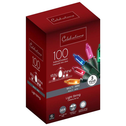 Celebrations Stay Shine Incandescent Mini Multicolored 100 ct String Christmas Lights 33 ft.