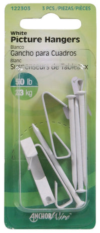 Hillman AnchorWire Steel-Plated White Standard Picture Hanger 50 lb. 3 pk (Pack of 10)