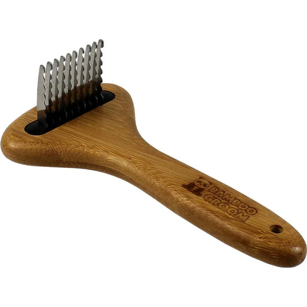 Bamboo Groom Pet Dematting Rake Small with Stainless Steel Serrated Blades Wooden Handle