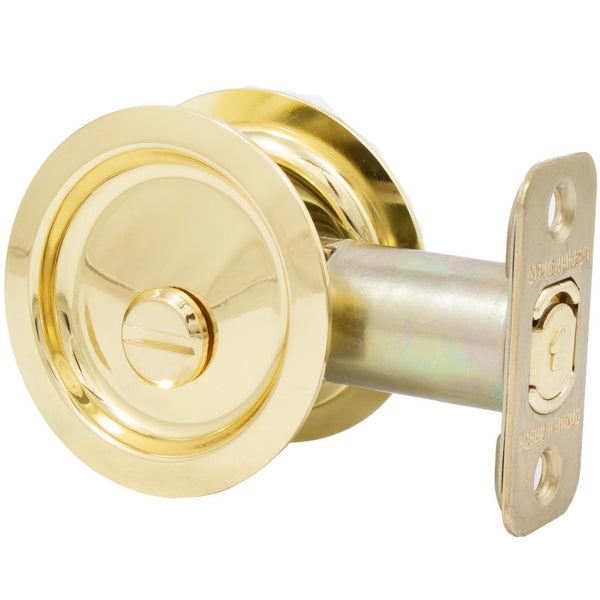 Cerradura para puerta de bolsillo redonda, pestillo para privacidad (dormitorio/baño), retroceso de 2-3/8", RCL, latón pulido de Stone Harbor Hardware